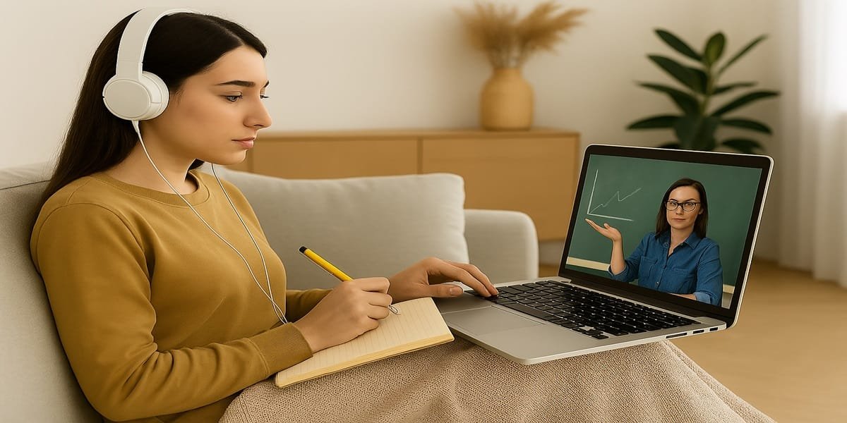 Estudante sentado em sofá, assistindo aula virtual com foco total, enquanto anota informações em caderno ao lado do notebook