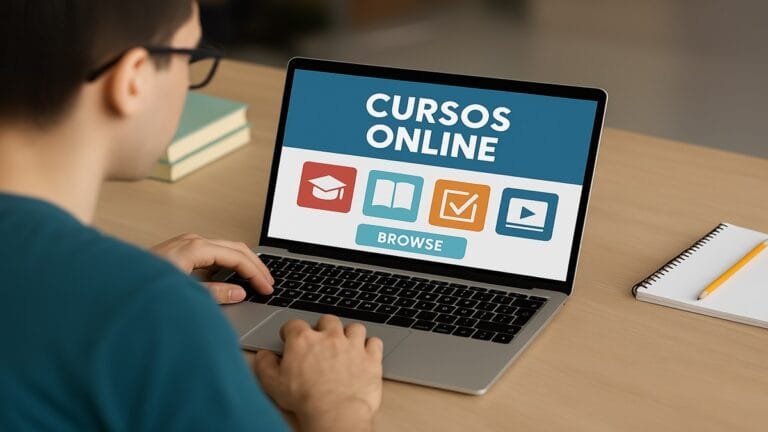 Estudante acessando plataformas de cursos online em um notebook moderno, com interface digital visível na tela