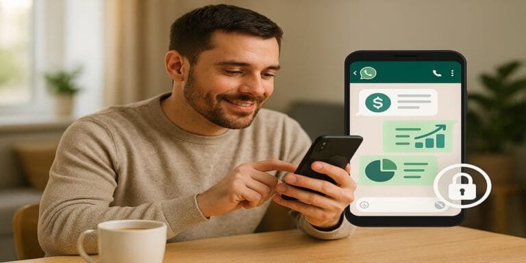 Usuário acessando aplicativo de mensagens com ícones financeiros e foco em segurança digital