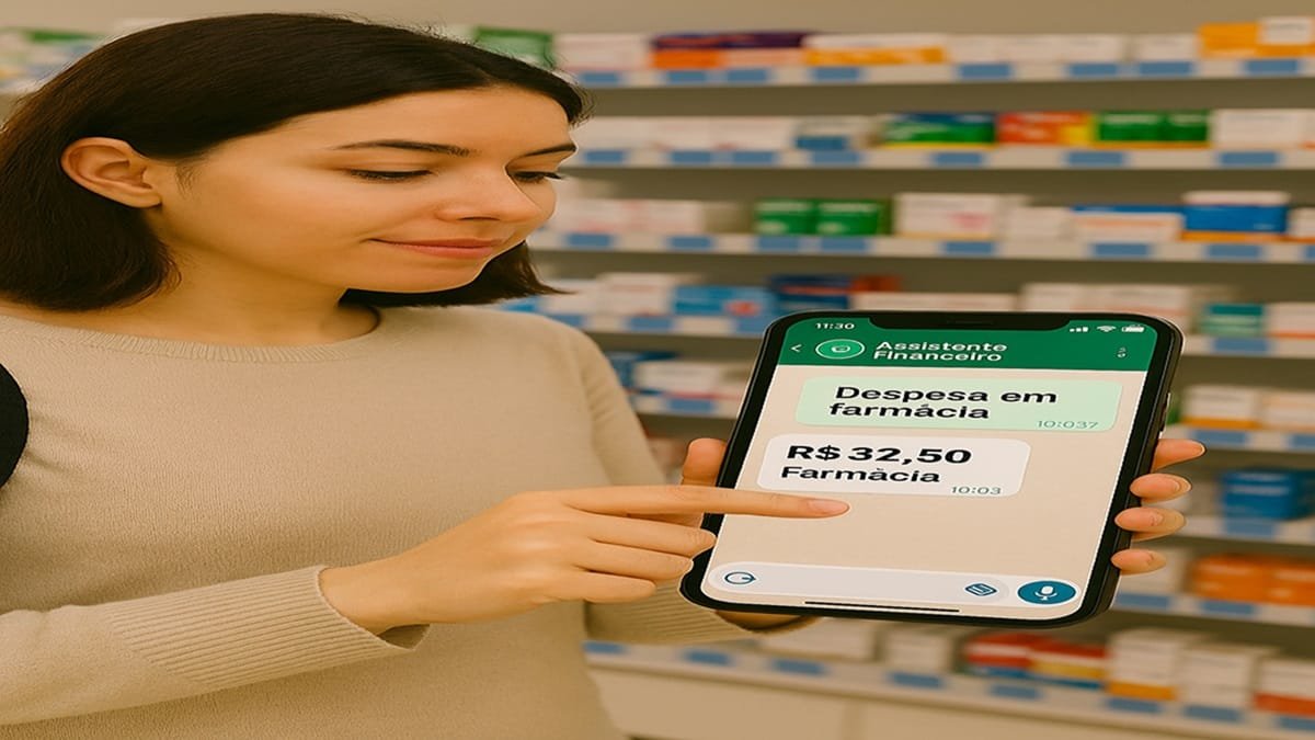 Pessoa utilizando aplicativo de assistente financeiro para registrar despesa em restaurante